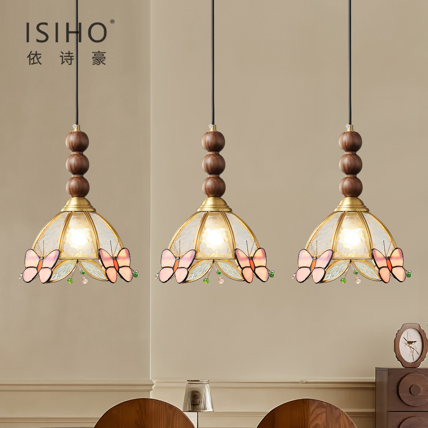 黑胡桃木法式中古风餐厅吊灯彩色蝴蝶玻璃卧室床头吊灯过道吊线灯,家装灯饰光源,客厅吊灯,淘宝优惠券,粉丝福利购,淘宝优惠卷