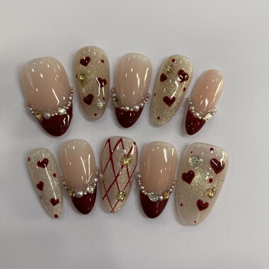 【绯闻女主】纯手工穿戴甲ins风法式爱心手绘高级红色猫眼短椭圆