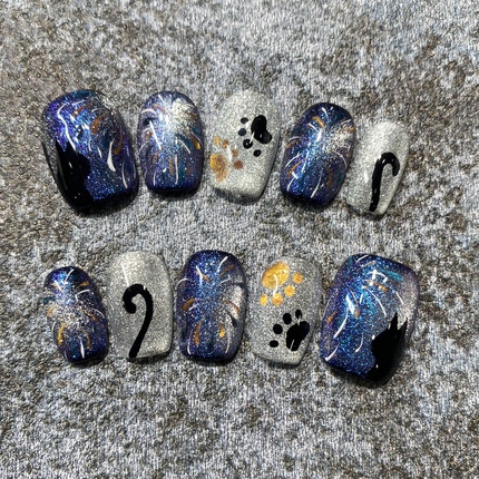 【烟花与猫】新款星轨追光猫眼美甲纯手工穿戴甲显白短款五彩猫眼