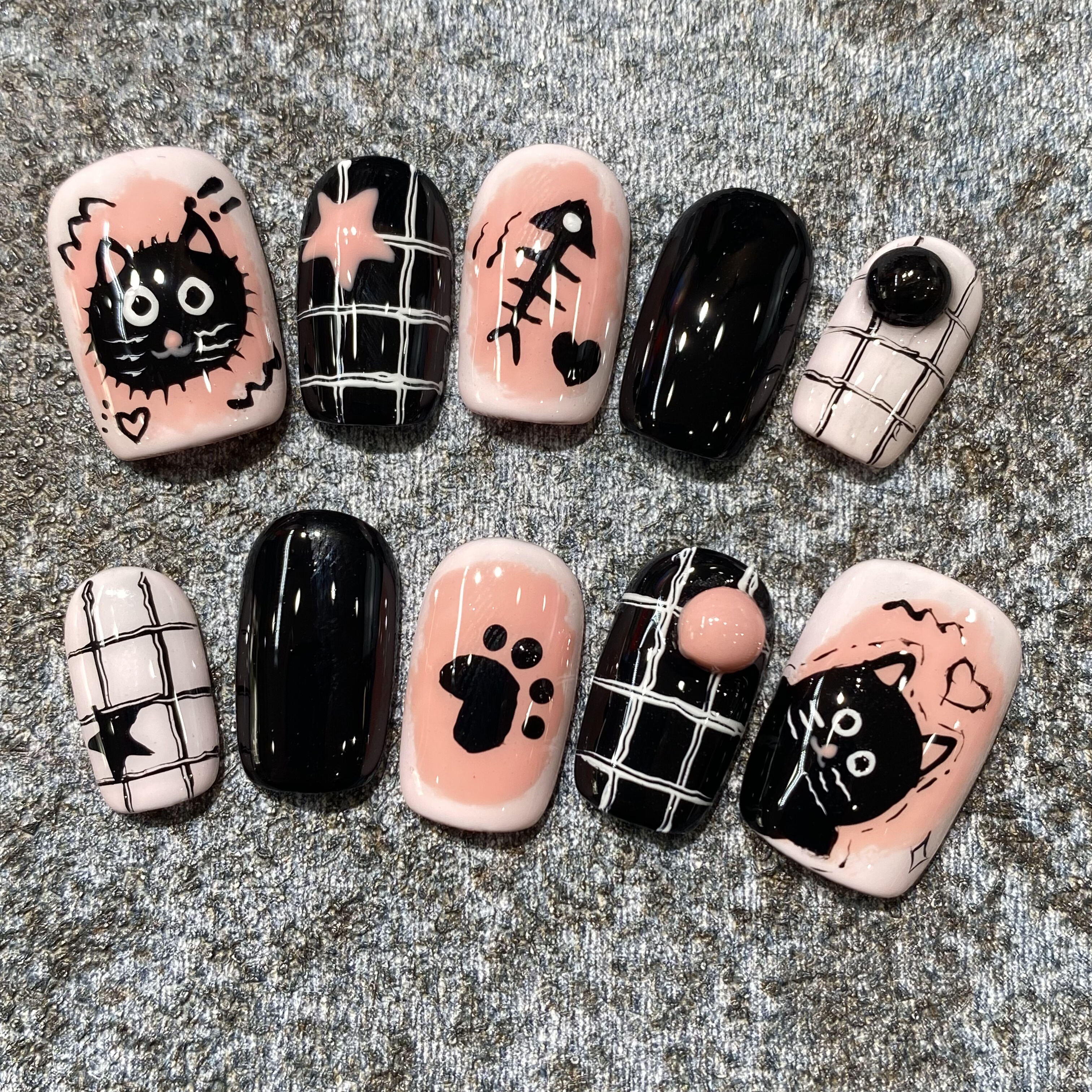 【猫星幻想】纯手工穿戴甲手绘猫爪鱼骨美甲成品可拆卸假指甲贴片