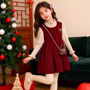 女童红色连衣裙套装2026新款儿童洋气女孩冬季过年毛衣保暖两件套