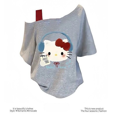 女童斜肩短袖t恤夏季2026新款中大童女孩卡通设计感Kitty猫上衣潮