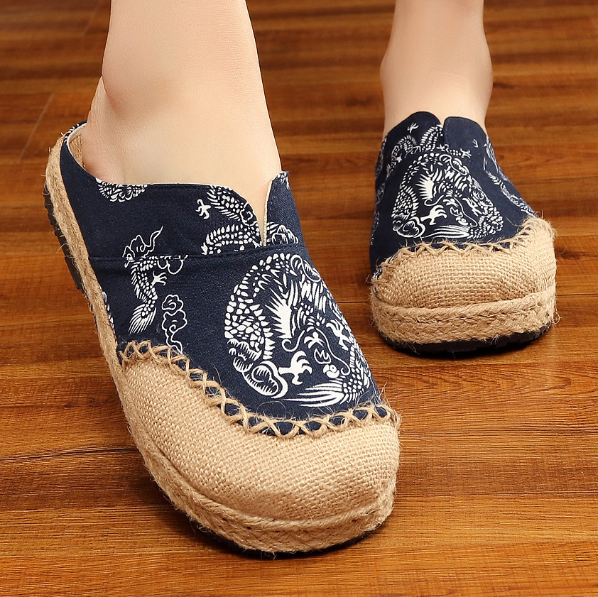 民族风居家旅行情侣布鞋草编大头龙拖鞋青花森女文艺亚麻棉麻拖鞋