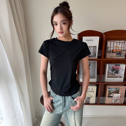 纯色简约正肩短袖t恤女设计感小众夏季修身显瘦体恤百搭内搭上衣