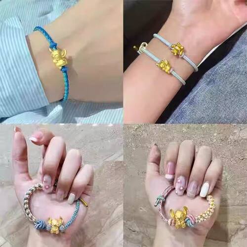 串珠3d硬金送女友999足金史迪仔黄金转运珠手链史迪奇吊坠金饰diy