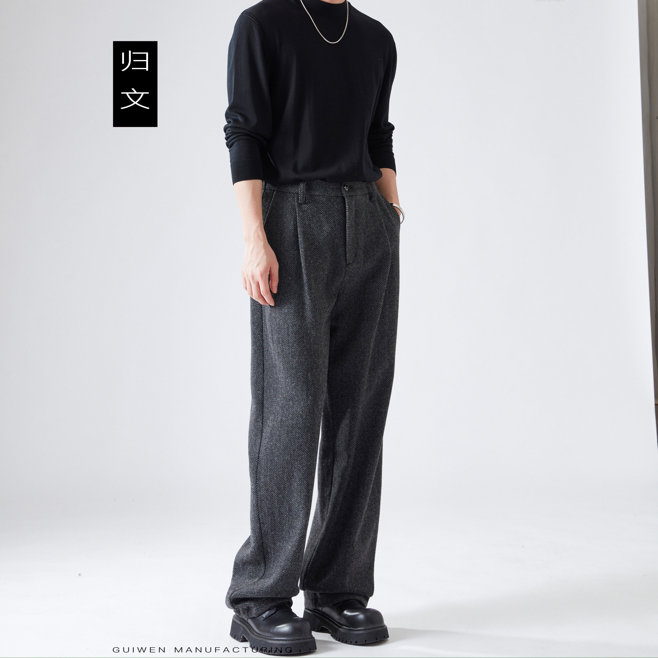 人字纹裤子男羊毛裤加厚深灰色毛呢裤男休闲裤冬季新款宽松直筒裤,男装,休闲裤,淘宝优惠券,粉丝福利购,淘宝优惠卷