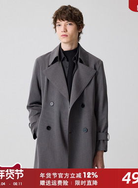 高级感深灰色男士风衣中长款2025秋季新品翻领系带英伦休闲男外套