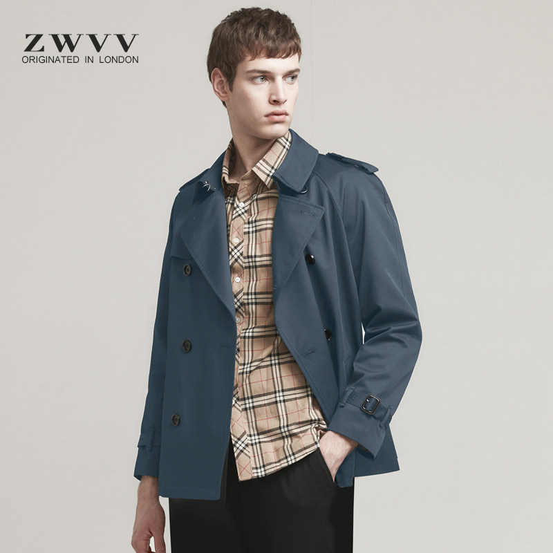 TrenchCoat春秋季潮流短款男士风衣2025新款蓝战壕双排扣英伦外套,男装,风衣,淘宝优惠券,粉丝福利购,淘宝优惠卷