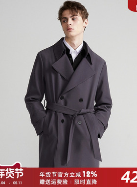 秋季新款高级感垂顺男士风衣中长款帅气韩版青年潮流系带轻熟外套