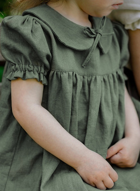 天丝麻娃娃领连衣裙2026舒适透气裙子童后背单排扣女宝宝短袖长裙