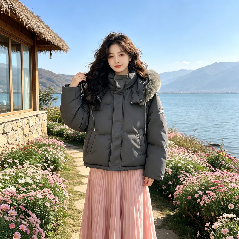 冬季大毛领加厚保暖防寒连帽高级灰气质棉服外套女面包服棉袄洋气