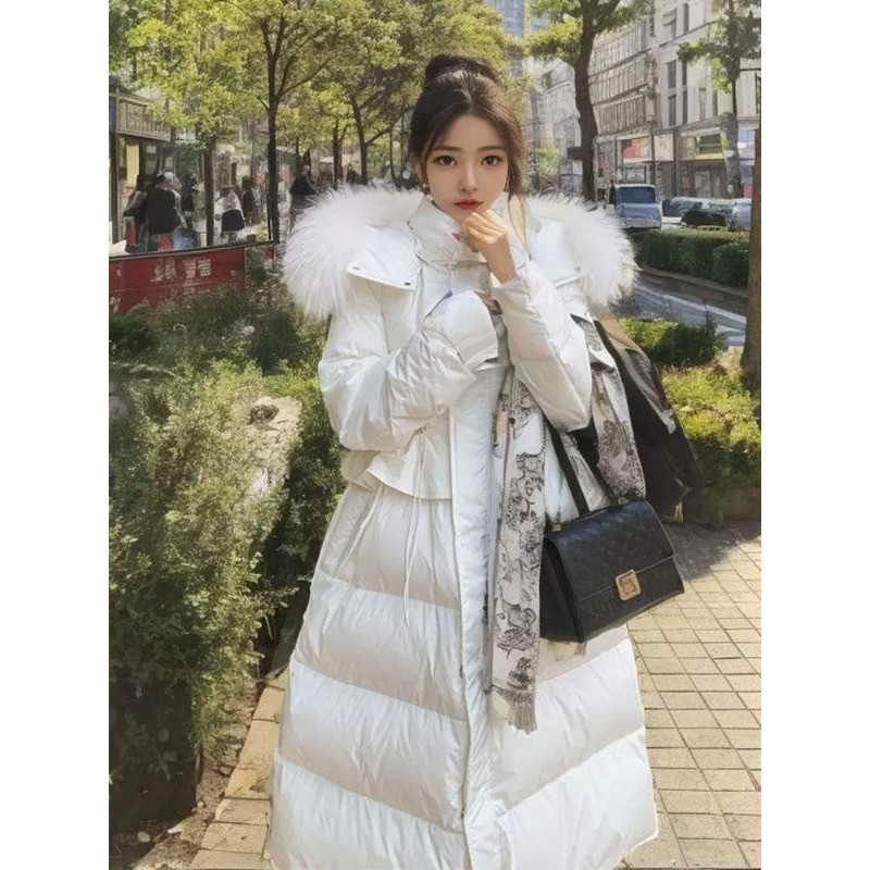 白色轻奢气质冬季大毛领连帽加厚保暖防寒中长款棉服外套女大衣潮