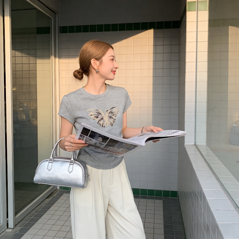 欧货灰色高级感短款小个子抽褶洋气修身百搭显瘦短袖T恤上衣女潮