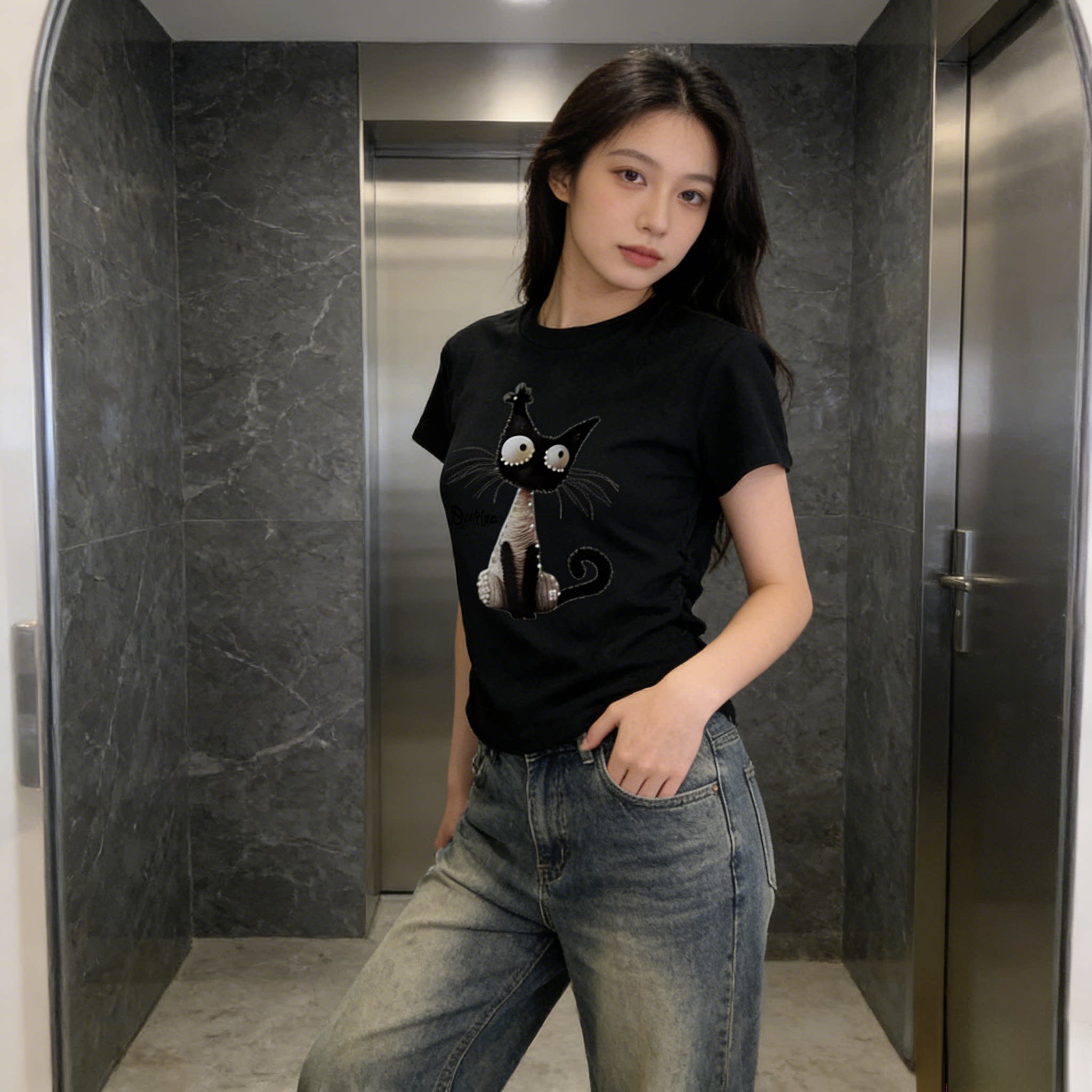 欧货正肩短袖T恤女修身显瘦小个子洋气短款小众设计感上衣百搭潮