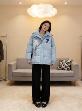 雾霾蓝冬季连帽加厚保暖防寒宽松大码小个子慵懒风棉服外套女洋气
