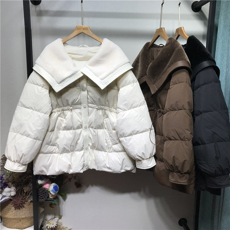 羊羔毛拼接大翻领收腰显瘦气质欧货棉服外套女小个子宽松棉袄洋气