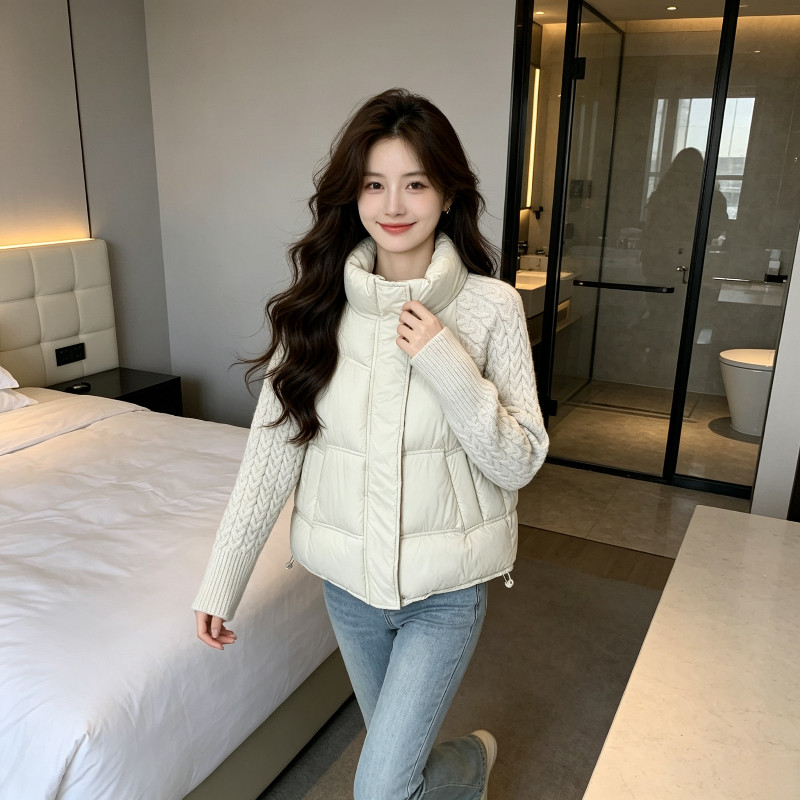 冬季轻奢设计感针织麻花袖子拼接宽松大码小个子保暖棉服外套女潮
