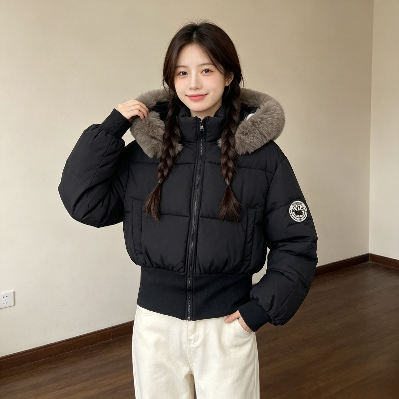 欧货大毛领连帽加厚保暖防寒短款小个子宽松棉服外套女棉袄洋气潮