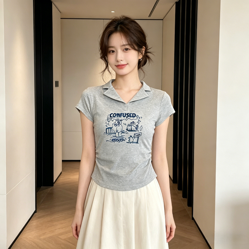 灰色正肩欧货设计感短款小众Polo衫短袖T恤女夏季掐腰显瘦上衣潮