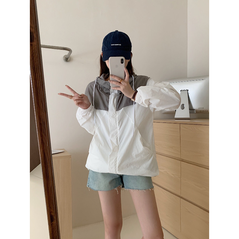 拼接撞色设计感宽松大码小个子连帽慵懒风防晒外套女空调上衣罩衫