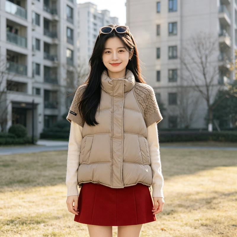 短袖针织拼接休闲宽松立领慵懒风小个子百搭棉服马夹外套女保暖潮