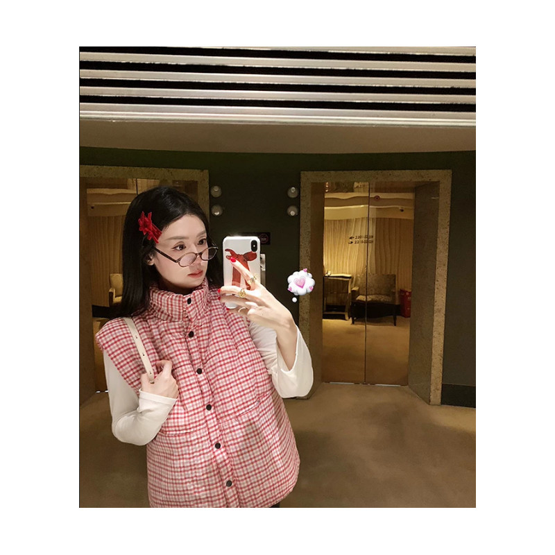 红色格子减龄立领休闲宽松大码小个子无袖坎肩棉服马夹外套女百搭
