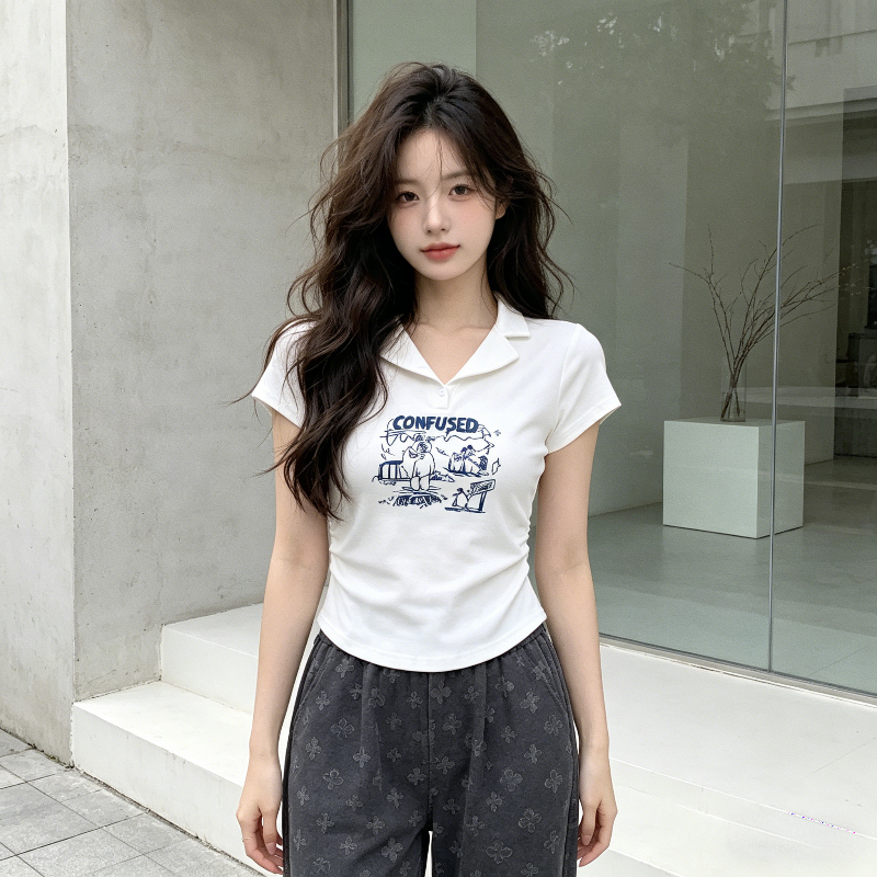 夏季温柔风正肩短款设计感掐腰修身显瘦小个子Polo衫短袖T恤女潮
