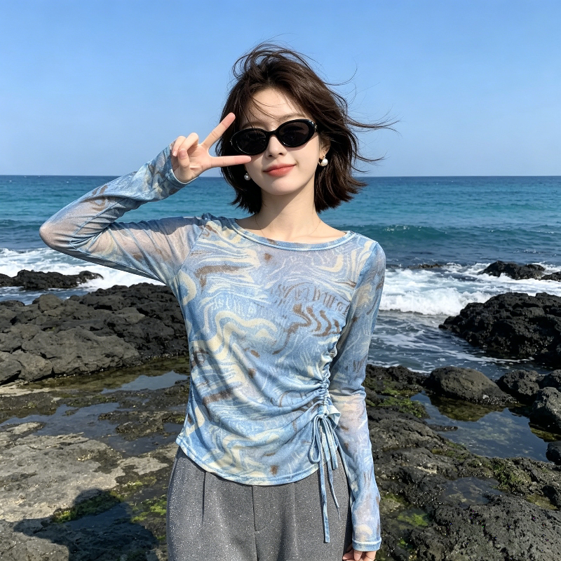 蓝色晕染防晒长袖T恤女夏季薄款冰丝透气休闲小个子百搭空调罩衫