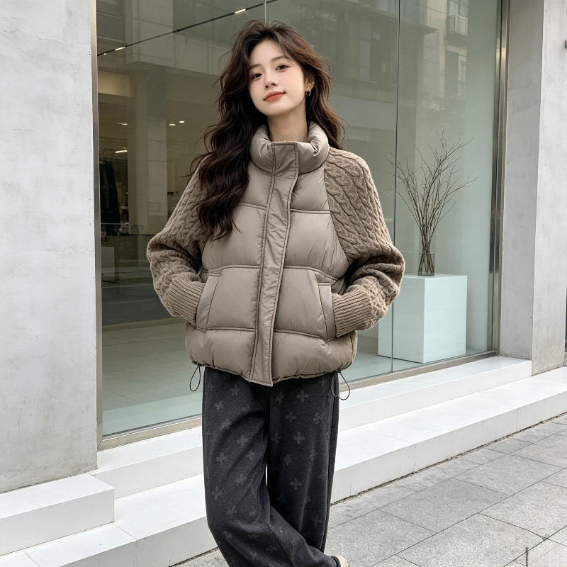 欧货冬季立领针织麻花袖子拼接休闲宽松大码小个子棉服外套女棉袄