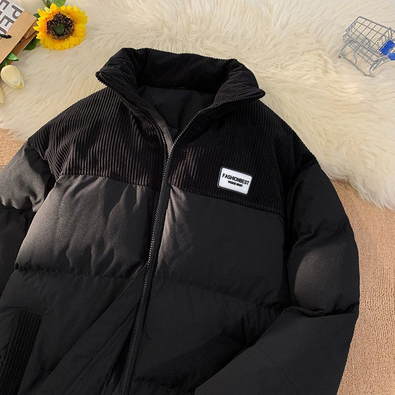 ins新款灯芯绒拼接韩版棉服立领宽松外套面包服棉衣棉袄加厚冬季