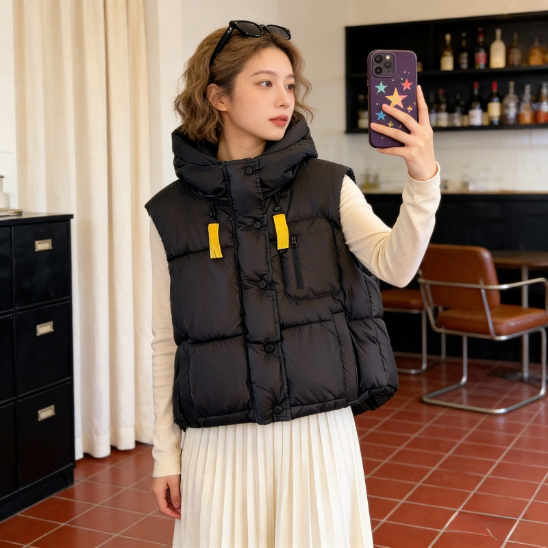 连帽慵懒风设计感宽松大码小个子洋气无袖坎肩棉服马夹外套女马甲