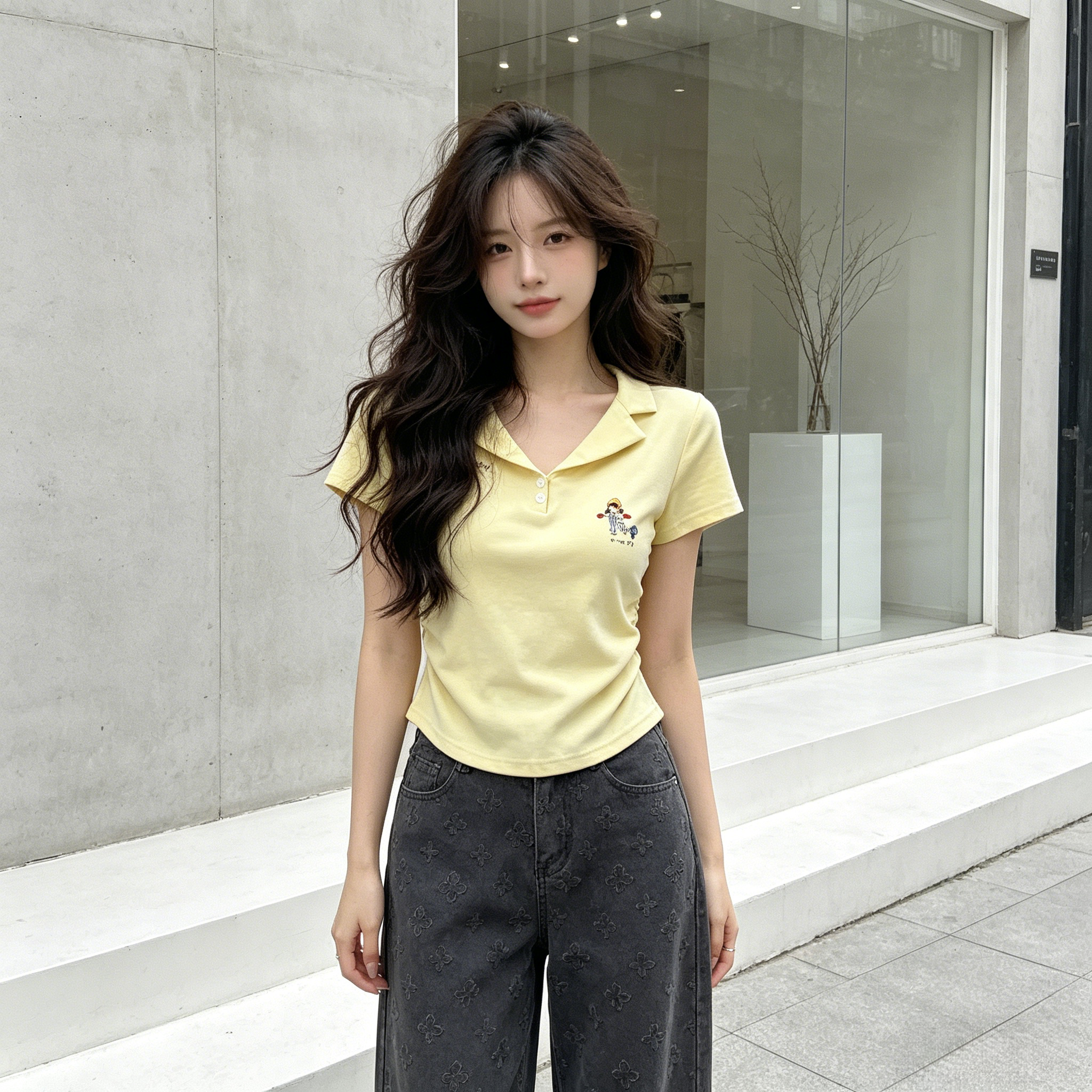 Polo衫短款设计感掐腰显瘦小个子短袖T恤女正肩洋气减龄上衣百搭