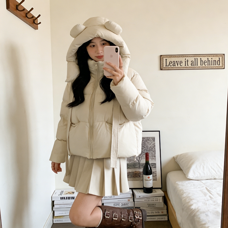 小熊耳朵连帽设计感宽松大码小个子加厚保暖防寒棉服外套女面包服