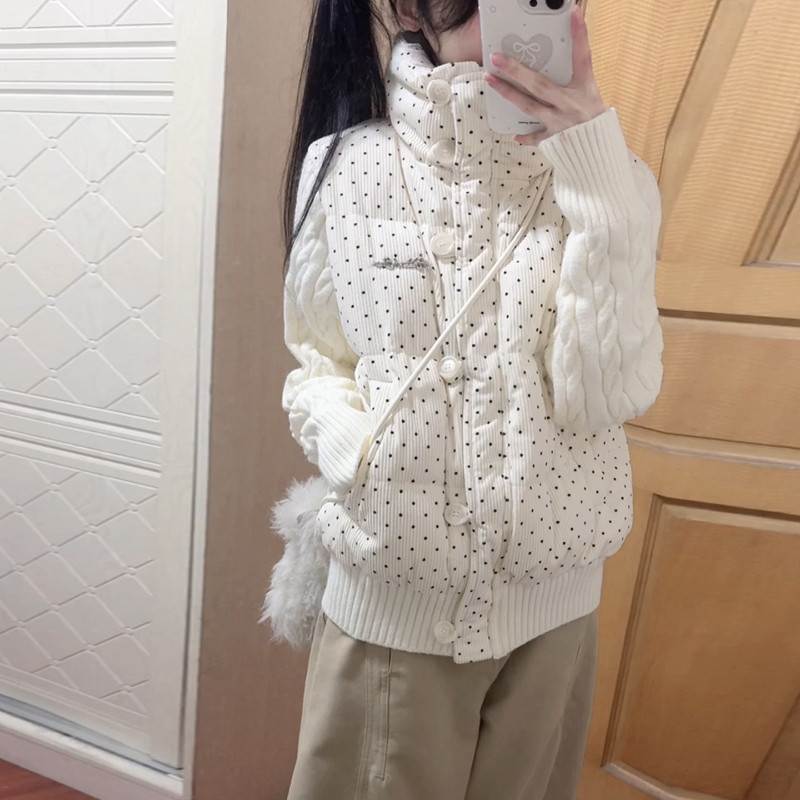 波点减龄设计感针织麻花袖子拼接宽松休闲小个子棉服外套女百搭潮