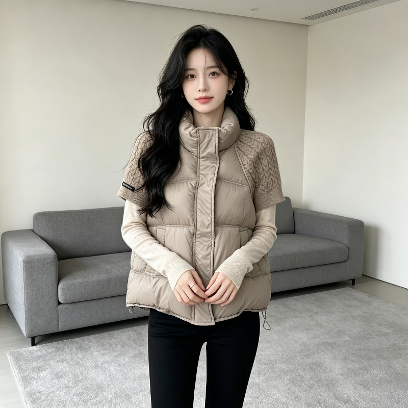 秋冬慵懒风设计感立领针织拼接短袖宽松大码棉服马夹外套女轻奢风