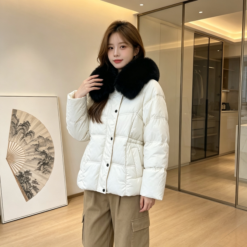欧货大毛领翻领轻奢风收腰显瘦小个子加厚保暖防寒棉服外套女棉袄