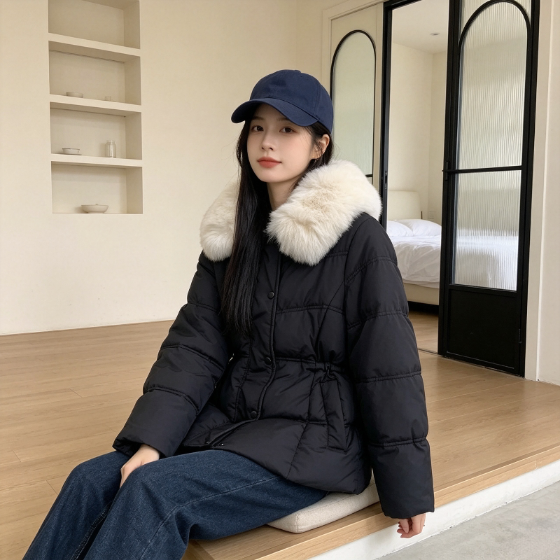 欧货大毛领翻领设计感收腰显瘦小个子宽松大码加厚保暖棉服外套女