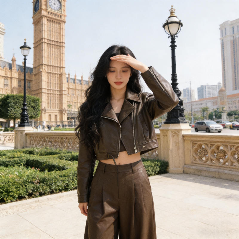 短款设计感皮衣夹克女大翻领小众洋气免洗亮面pu皮百搭外套机车服