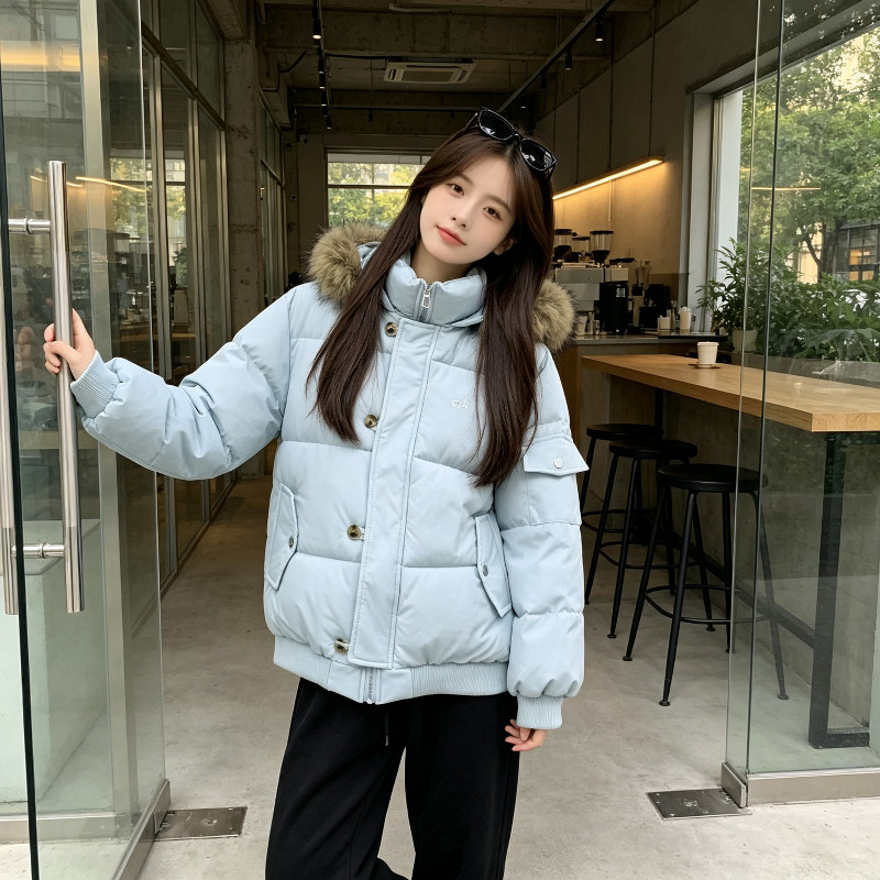 水蓝色减龄大毛领连帽加厚保暖防寒宽松大码小个子棉服外套女棉袄
