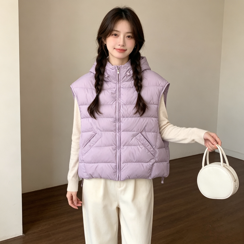 香芋紫设计感连帽无袖坎肩小个子宽松大码棉服马夹外套女减龄洋气