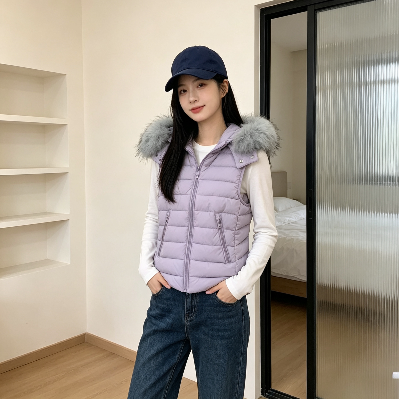 欧货修身显瘦大毛领连帽小个子无袖坎肩棉服马夹外套女排骨服洋气
