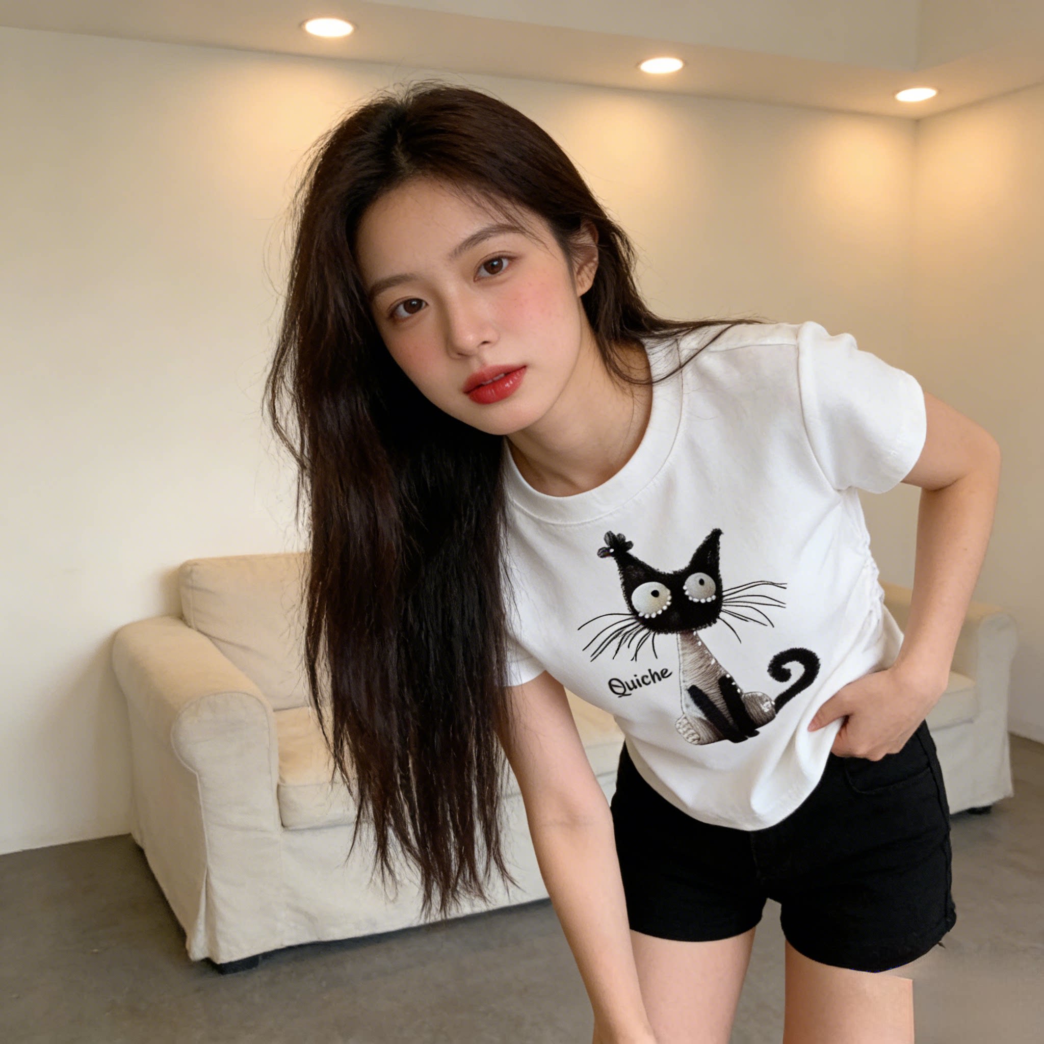 时尚白色猫咪短袖T恤女夏季新款甜辣妹掐腰修身显瘦短款体恤上衣