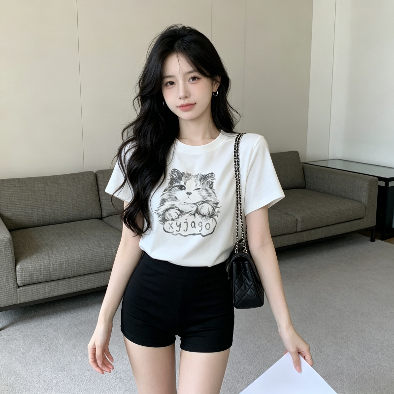 白色温柔风正肩减龄卡通猫咪印花短袖T恤上衣女休闲百搭气质韩版