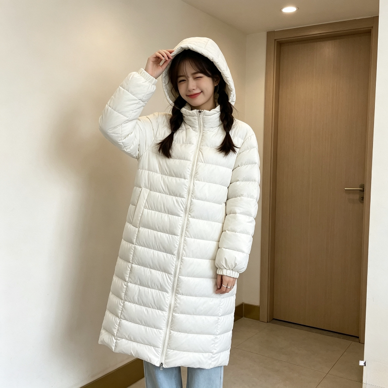 温柔风白色中长款过膝连帽休闲宽松大码小个子棉服外套女面包服潮