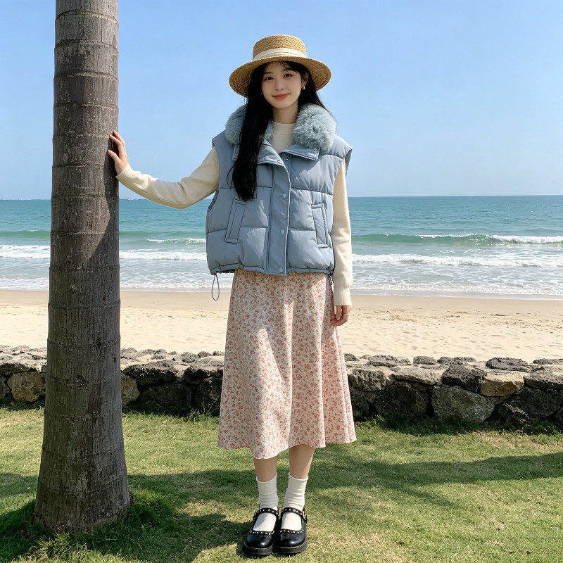 大毛领气质休闲宽松大码小个子短款百搭无袖坎肩棉服马夹外套女潮