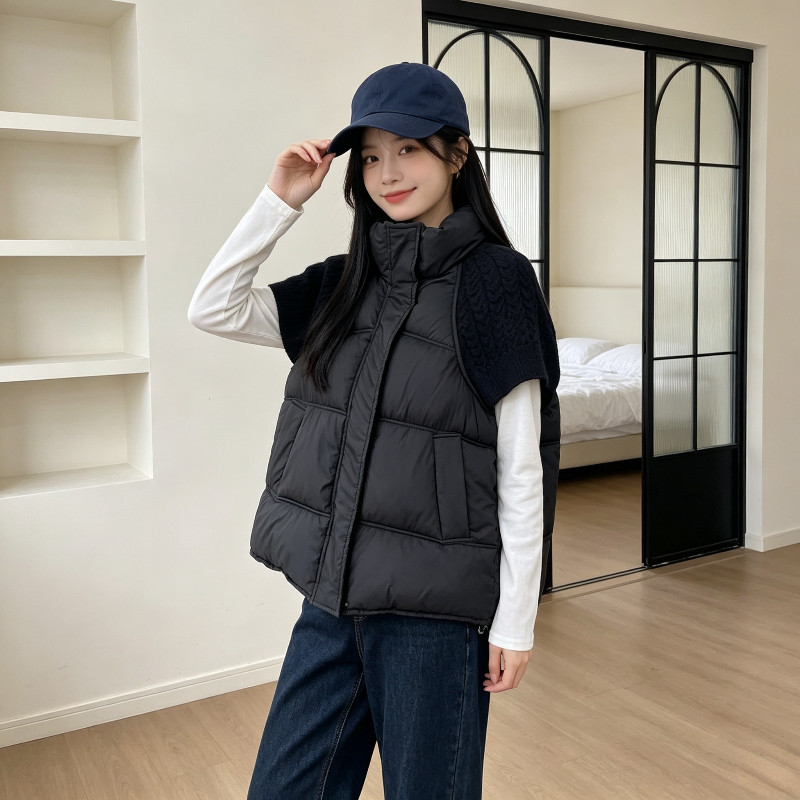 欧货秋冬慵懒风设计感短款短袖棉服马夹外套女洋气宽松大码小个子