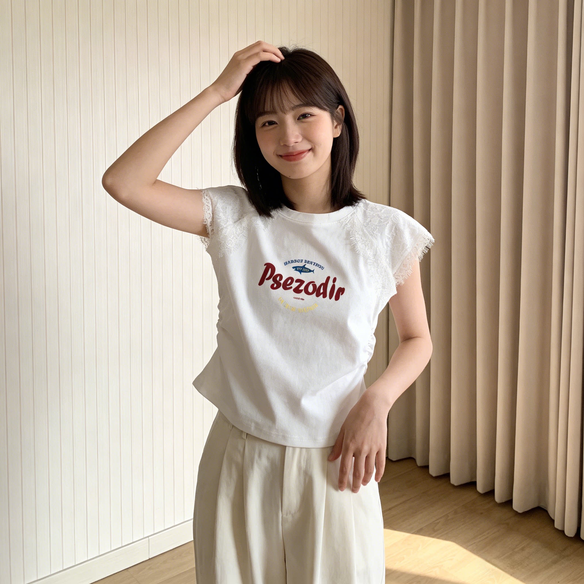 欧货女士蕾丝拼接圆领短袖t恤女2026夏季新款褶皱收腰短款上衣潮