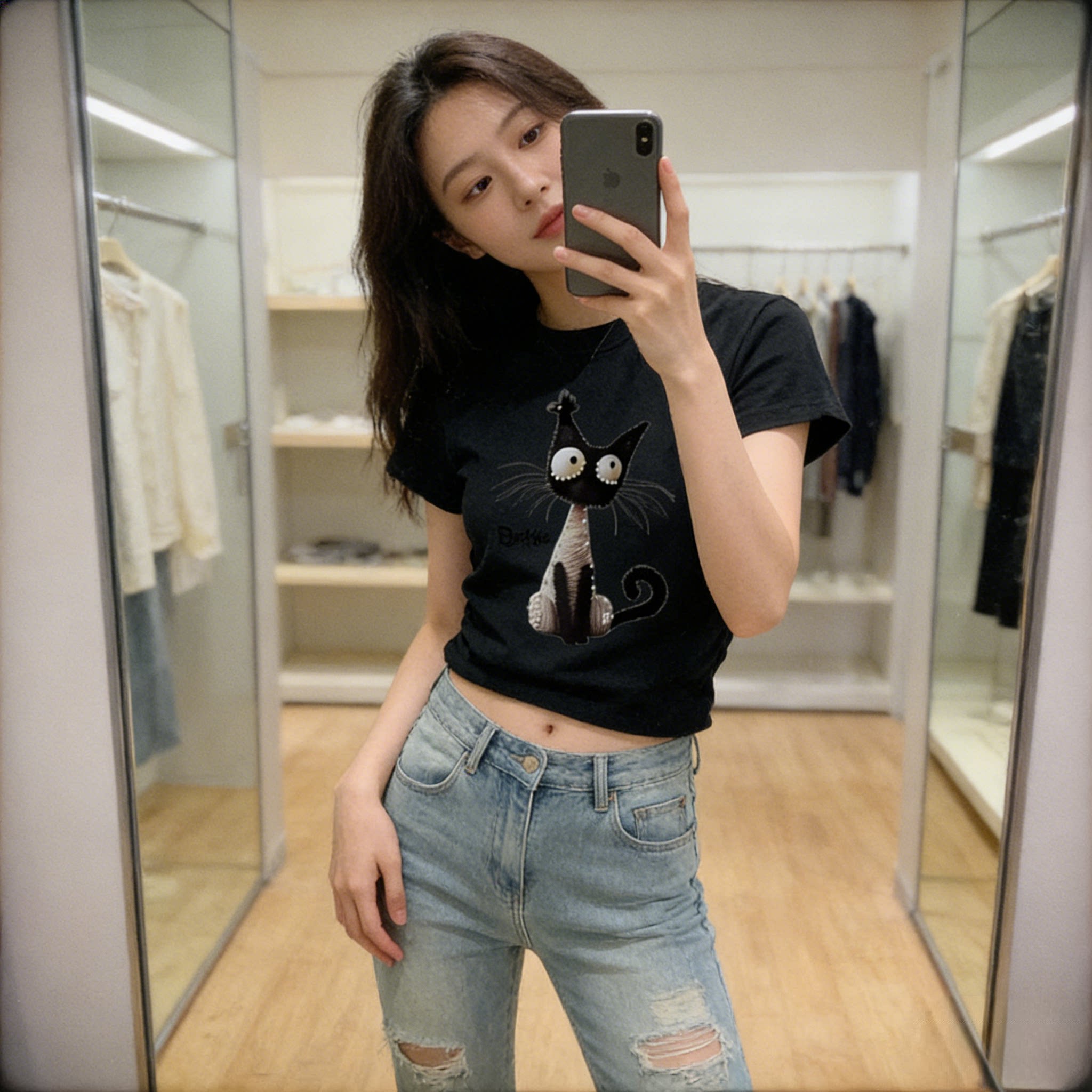 黑色猫咪短袖T恤女夏季欧货新款小个子修身显瘦设计感超好看上衣