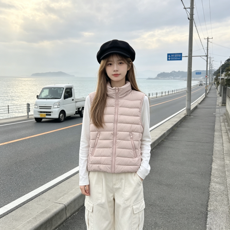 粉色温柔风减龄设计感立领修身显瘦小个子无袖排骨棉服马夹外套女