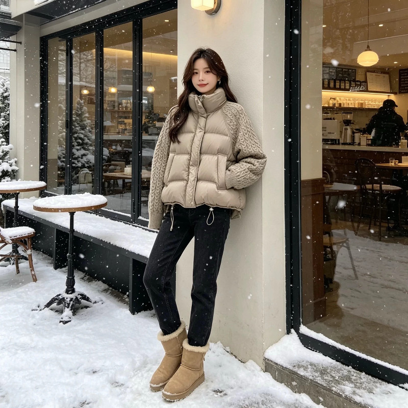 欧货冬季针织麻花袖子拼接加厚保暖防寒宽松小个子棉服外套女立领